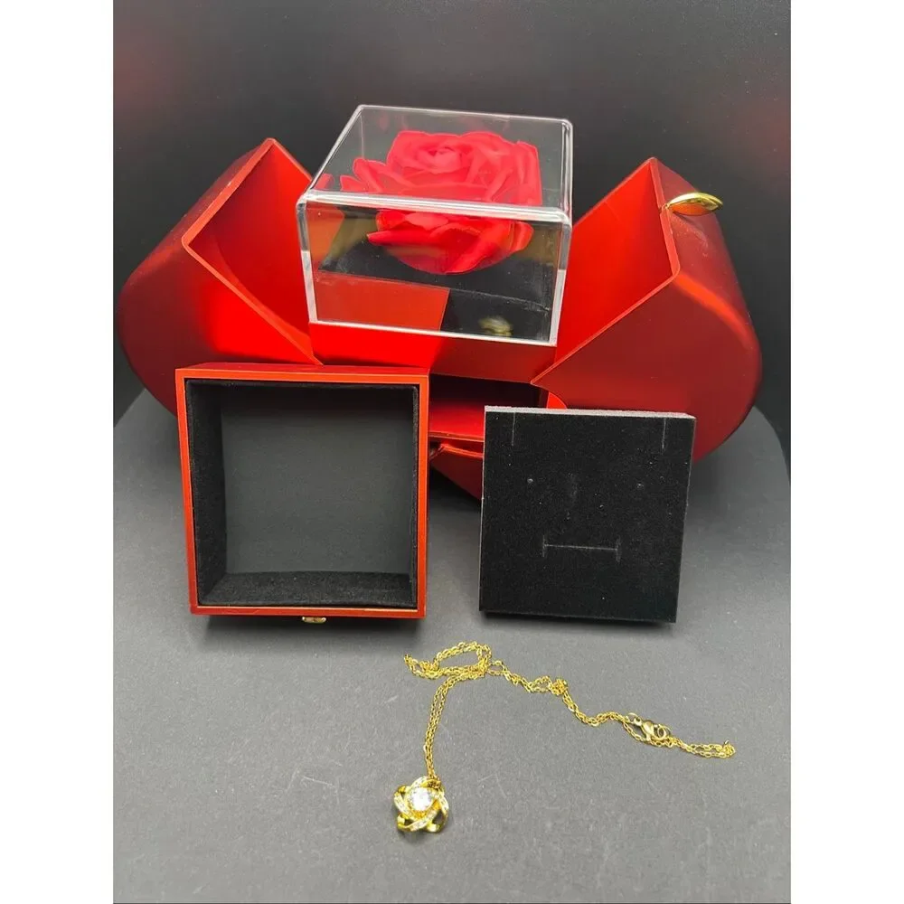 Red Apple Faux Rose Large Gift Box Gold Tone Cubic Zirconia Love Knot Necklace